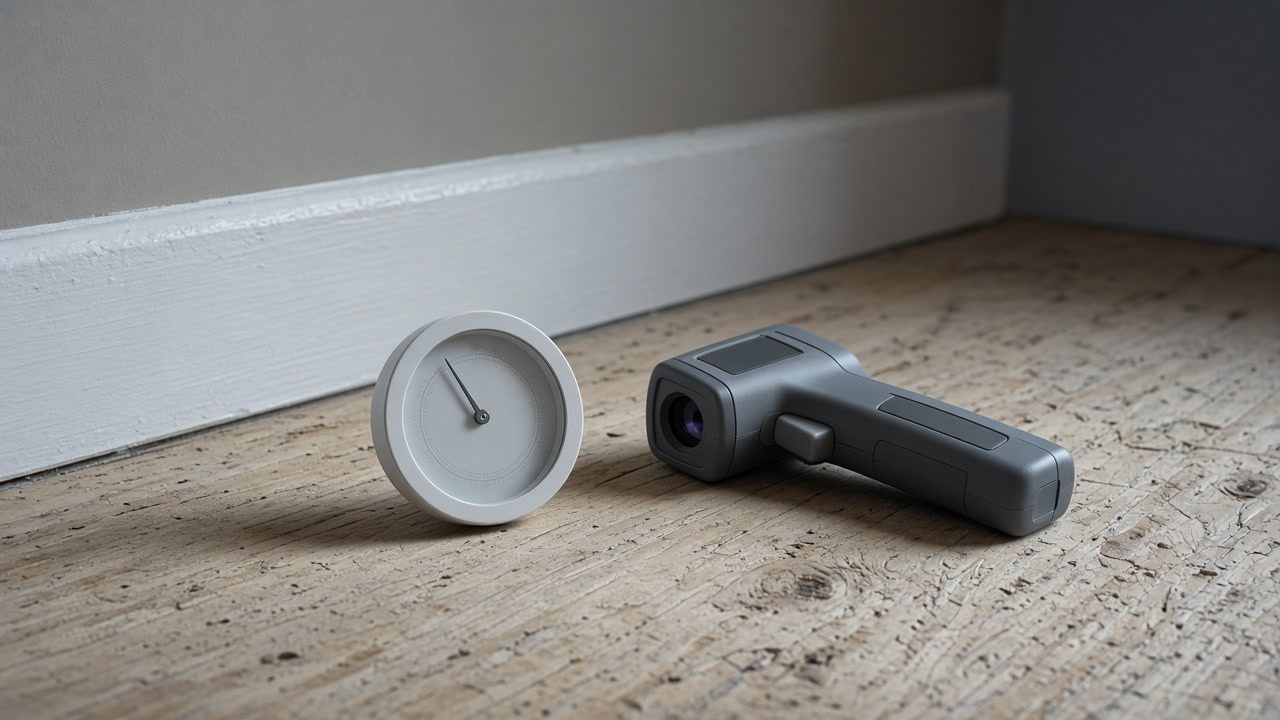 A hygrometer and infrared thermometer on a wooden floor near a baseboard