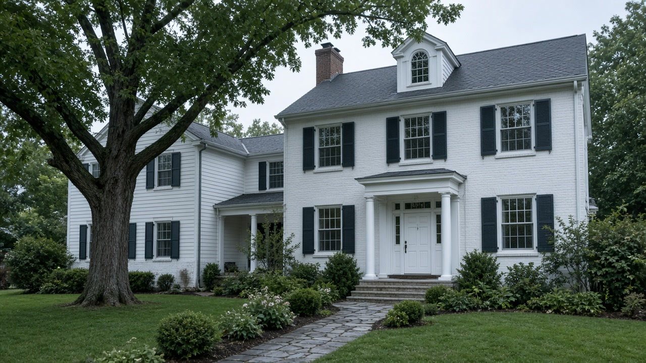 A leafy Westchester colonial house under cool overcast light