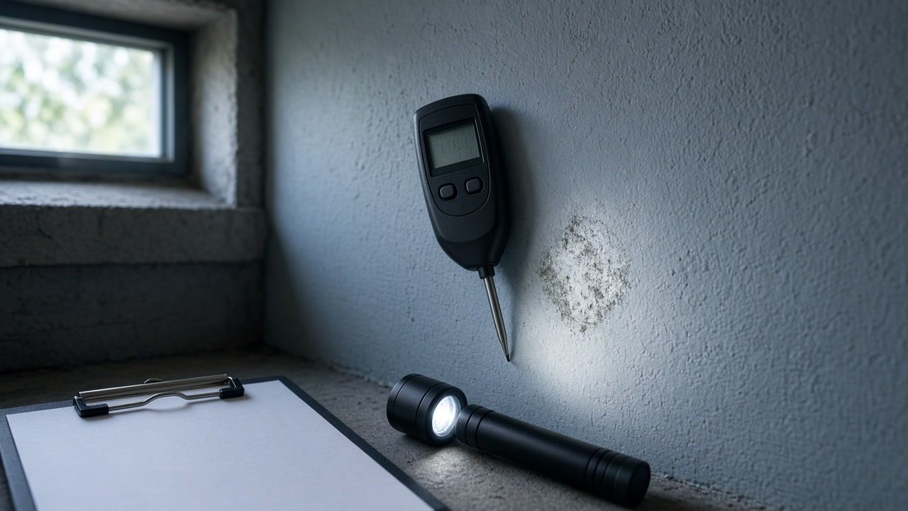 A moisture meter and flashlight aimed at mold on a basement wall during inspection