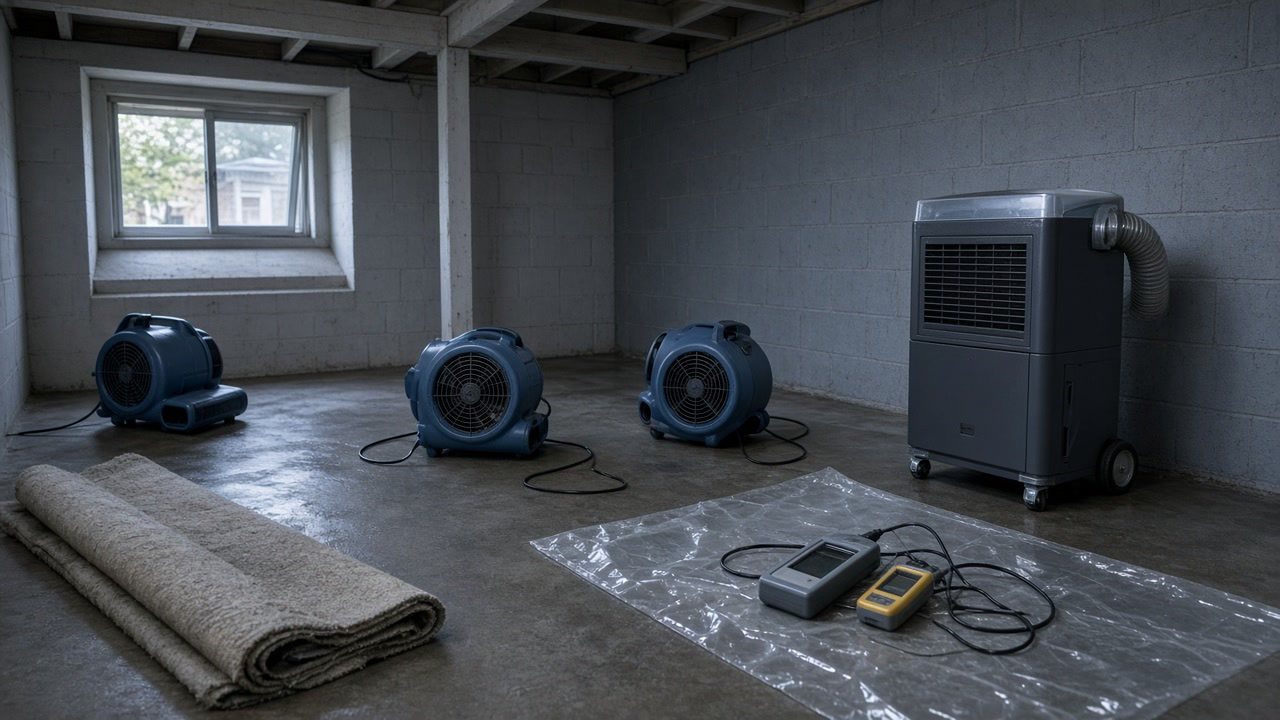 Air movers and a dehumidifier drying a wet Westchester basement